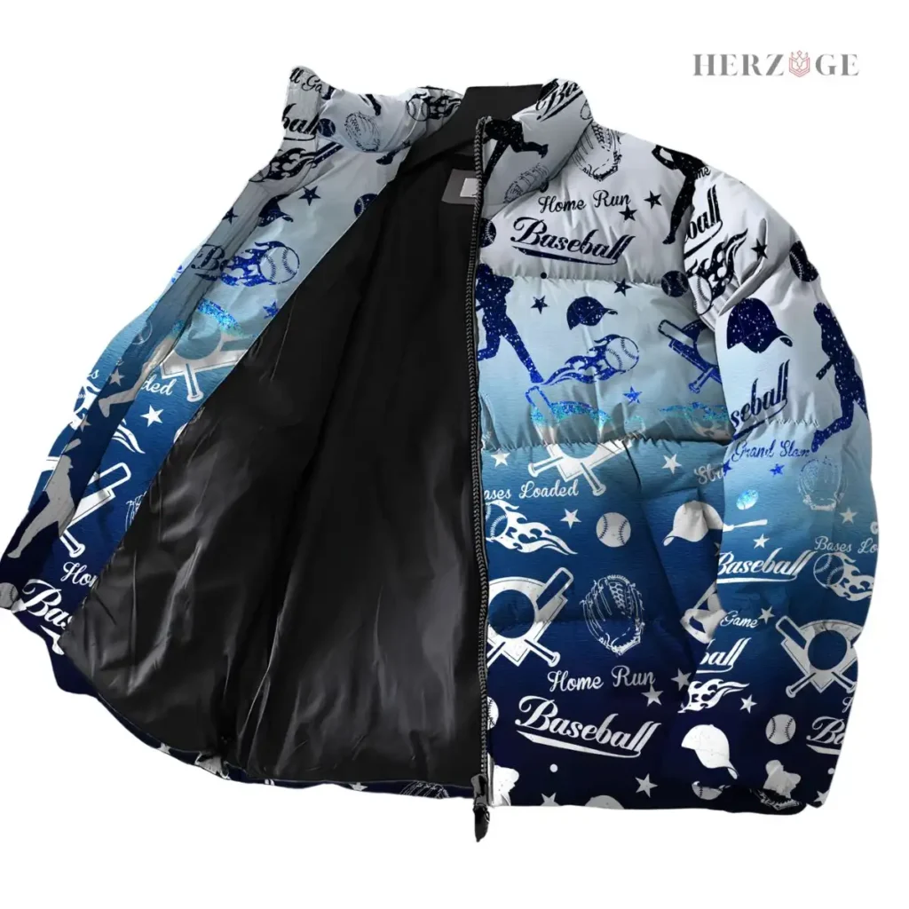 baseball puffer jacket | baseball winter jacket | baseball jacket outfit | baseball themed gift ideas | puffy baseball jacket