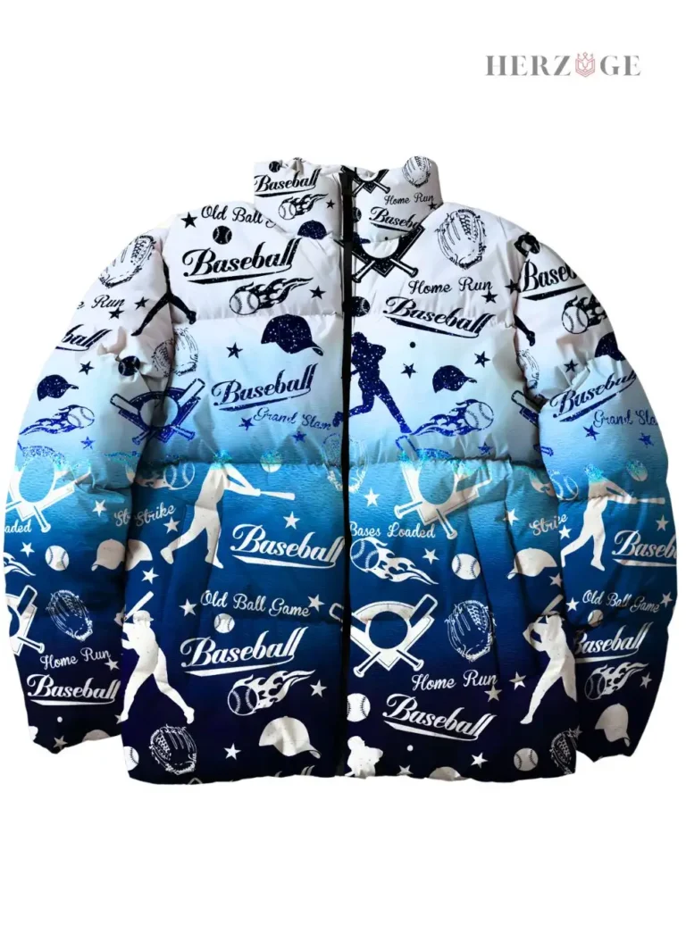 baseball puffer jacket | baseball winter jacket | baseball jacket outfit | baseball themed gift ideas | puffy baseball jacket