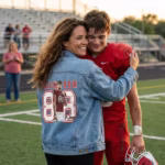 Heartfelt moment of a mother in a custom football jacket hugging her son on the field after a high school football game.