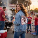 Custom game day denim jacket worn by a woman at a football stadium tailgate party with grills and fans in the background.