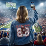 Football fan in a custom personalized jacket recording a game from the stadium stands with a player photo design on the back.