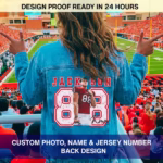 Custom denim jacket back design with personalized football player photo, name Jackson, and jersey number 88 in a stadium setting.