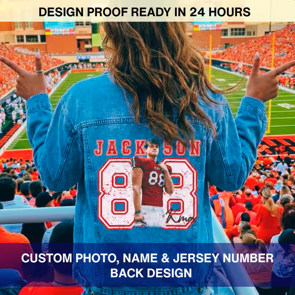 1_converted Custom denim jacket back design with personalized football player photo, name Jackson, and jersey number 88 in a stadium setting.