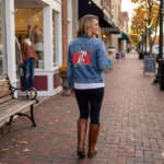 Woman wearing a personalized sports denim jacket walking through a downtown shopping district with a custom team design.