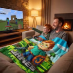 A father and son laughing together while playing video games on the couch, with the boy wrapped in a custom personalized kids' blanket showing his matching red-haired pixelated avatar named James.