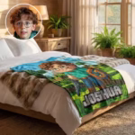 A personalized custom gamer blanket laid on a cozy bed, featuring a pixelated avatar of a boy with curly hair and glasses named Joshua, alongside an inset reference photo of the child.