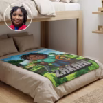 A custom pixel art fleece blanket on a kid's bed, displaying a personalized 8-bit video game character named Zakari that perfectly matches the inset photo of the young boy