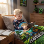 A happy young boy sitting in bed playing on a tablet, snuggled under his custom personalized gamer blanket featuring his own blonde 8-bit avatar and the name Asher.