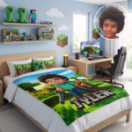 A fully decorated gamer bedroom featuring a personalized "Tyler" pixel art blanket on the bed, Minecraft-themed wall decals, and an inset photo of the child.