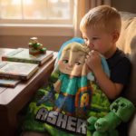 A young boy snuggling with his custom personalized flannel fleece blanket that features his own 8-bit gamer avatar and the name Asher, surrounded by gaming books and a green creeper plush toy.