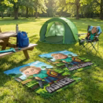 Two personalized gaming-themed fleece blankets with custom boy avatars and the names Asher and Oakland, laid on the grass next to a green pop-up tent, picnic table, and a toy diamond sword