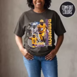 A custom Comfort Colors sports shirt featuring a personalized football player collage for Jamal Robinson, number 05, with purple and gold team colors