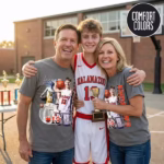 Smiling parents in personalized sports shirts holding a trophy with their son on a basketball court at sunset.