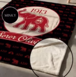 Close up of the custom Delta Sigma Theta sorority blanket highlighting the Minky material option, with a circular inset showing the slightly textured, ultra-soft white minky fabric backing.