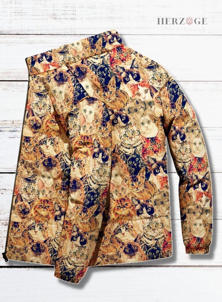 Vintage Cat Print Women Puffer Jacket