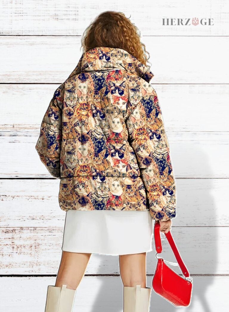Vintage Cat Print Women Puffer Jacket