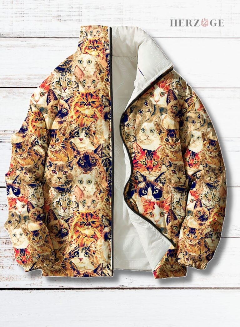 Vintage Cat Print Women Puffer Jacket