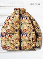 Vintage Cat Print Women Puffer Jacket